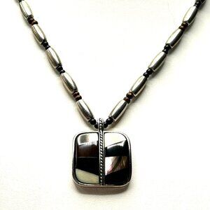 Vintage Jack Woolsey Silver Inlay Pendant Necklace—MOP, Onyx, Jasper, Bone—EUC
